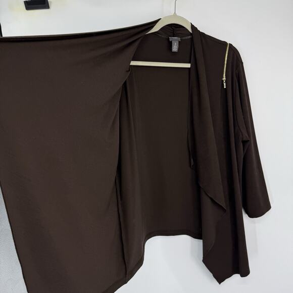 Chicos Travelers 3 Cardigan Brown Zipper Accent 3/4 Sleeve Open Cascading Front - Picture 4 of 6